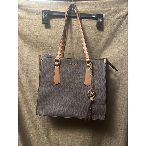 NWT Michael Kors Kris Large Top Zip Leather Satchel Tote Luggage Brown Logo - Picture 1 of 7